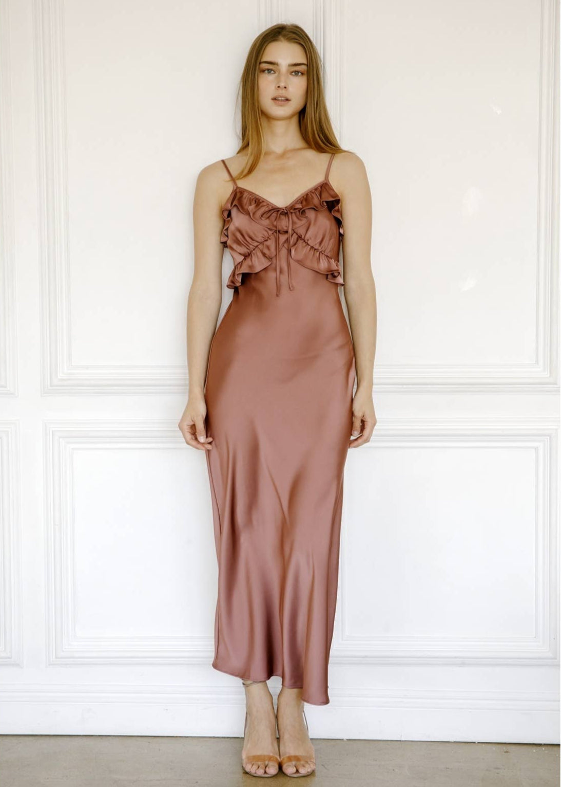 SATIN RUFFLED SLIP MIDI