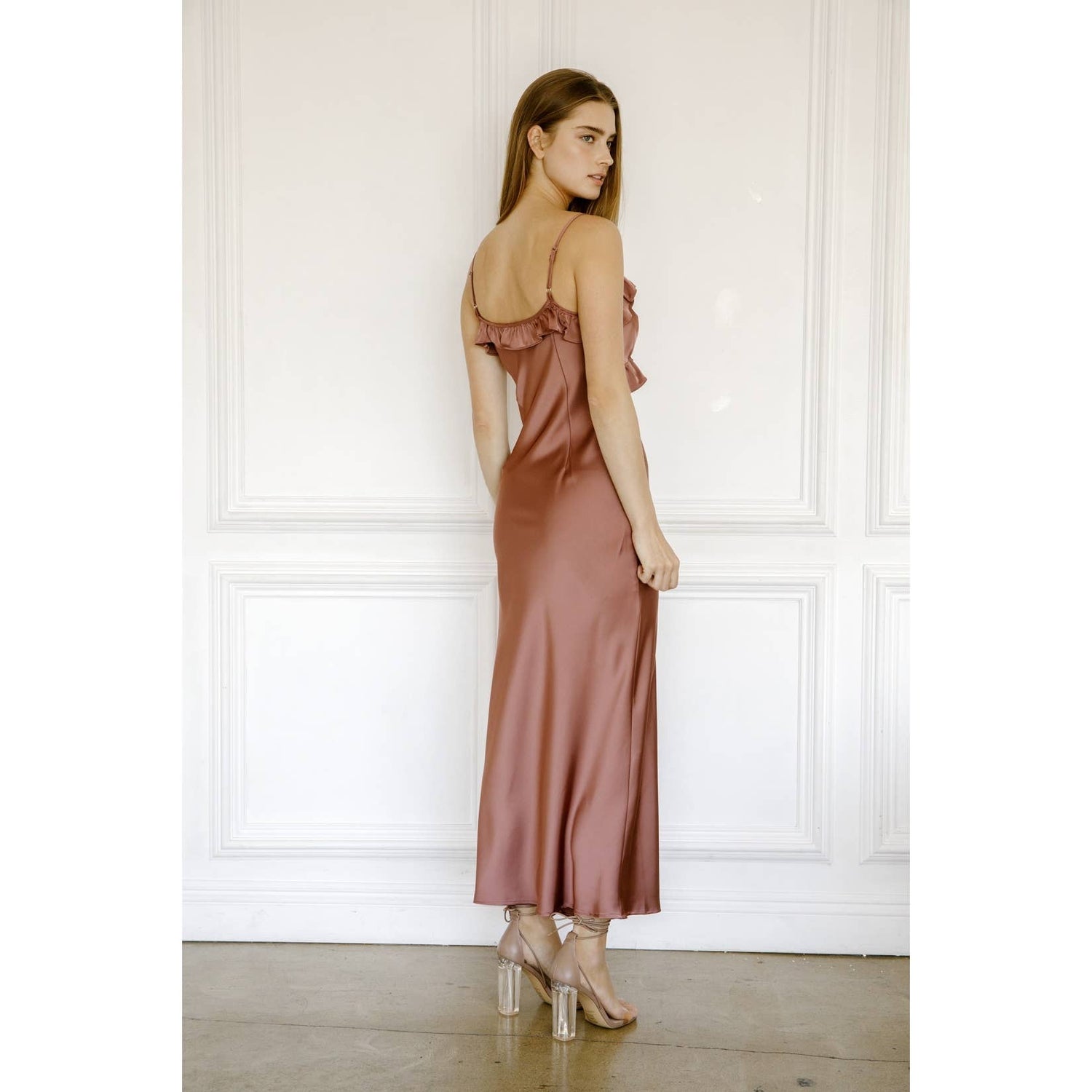 SATIN RUFFLED SLIP MIDI