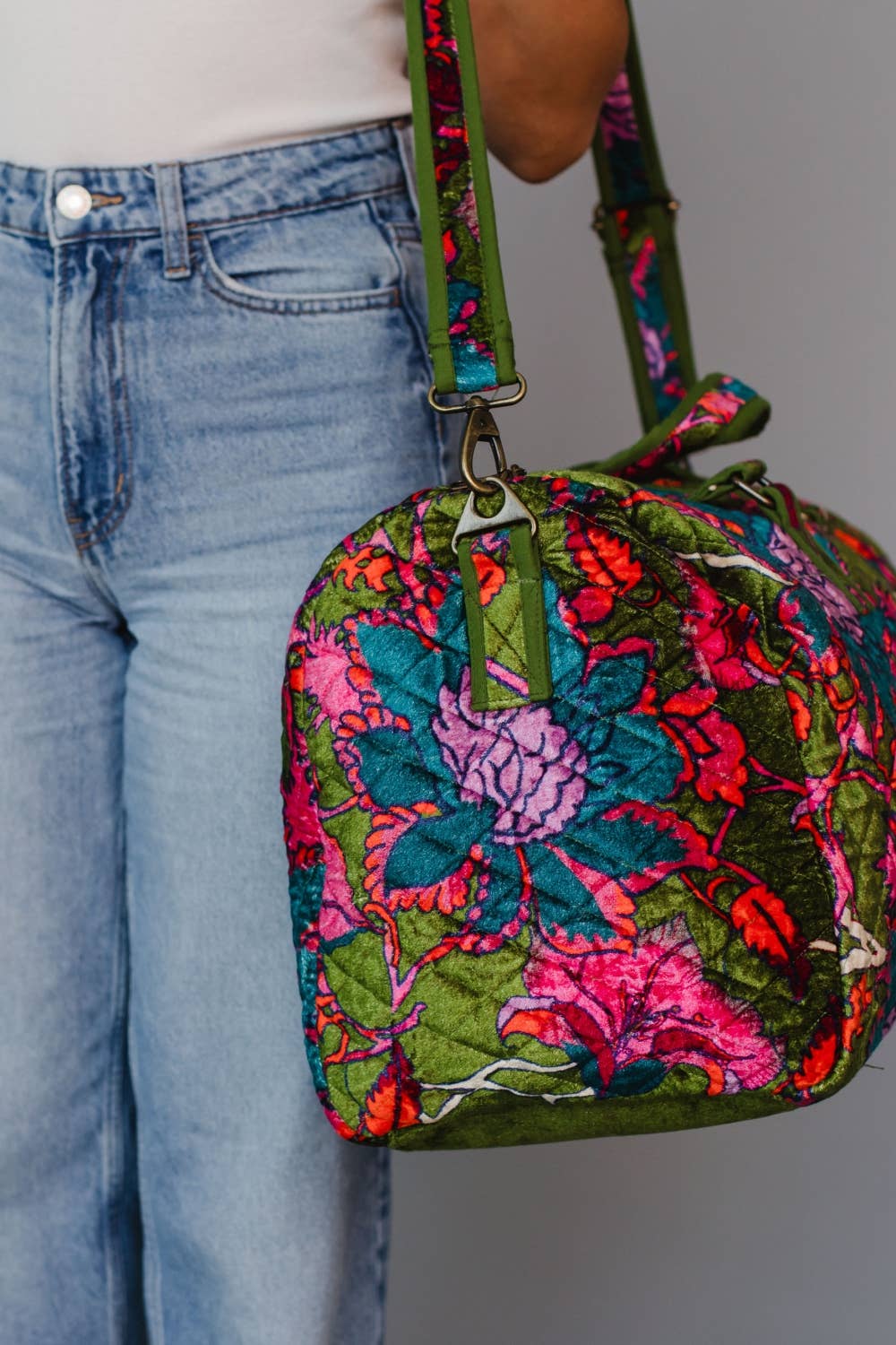 Olive & Multicolored Floral Duffel