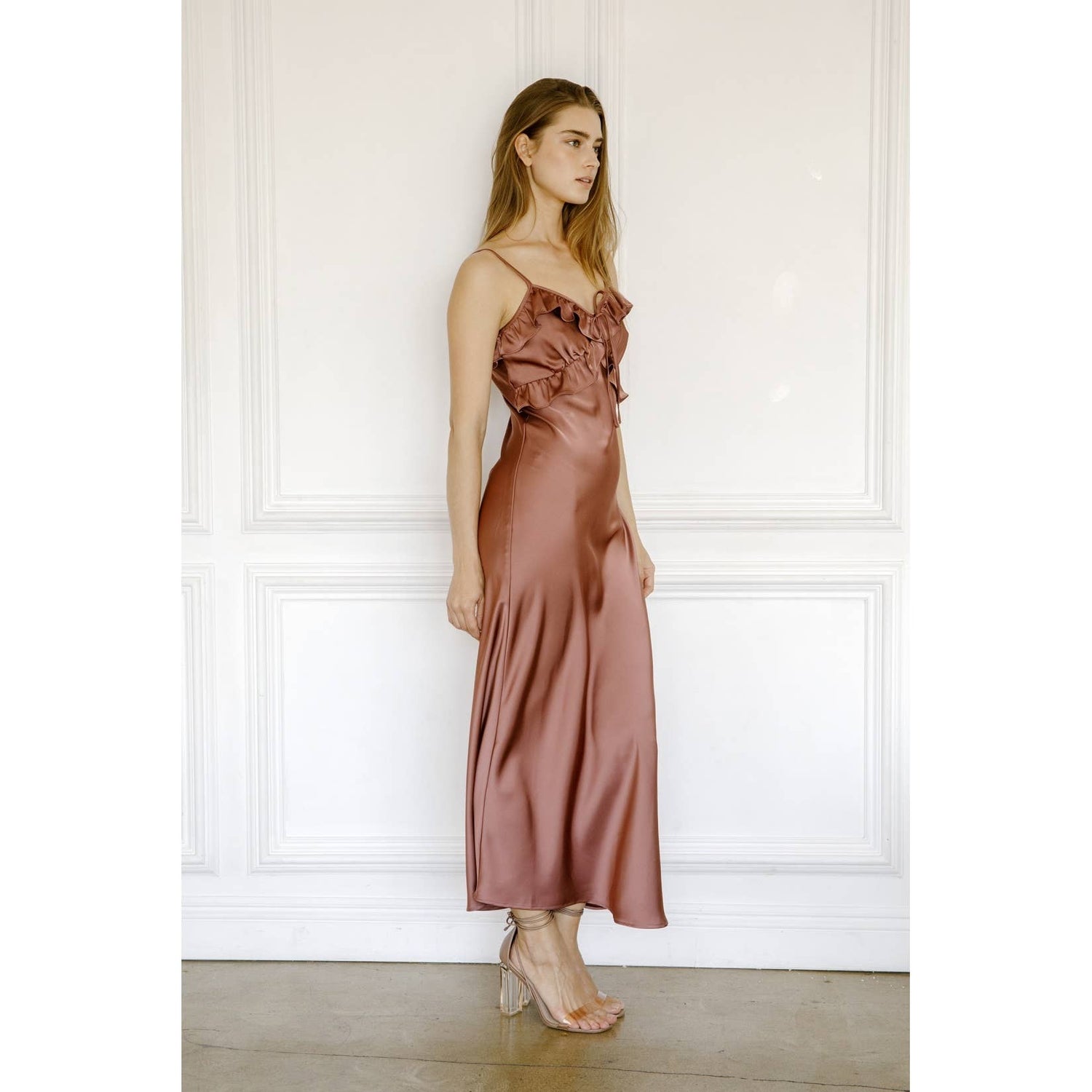 SATIN RUFFLED SLIP MIDI