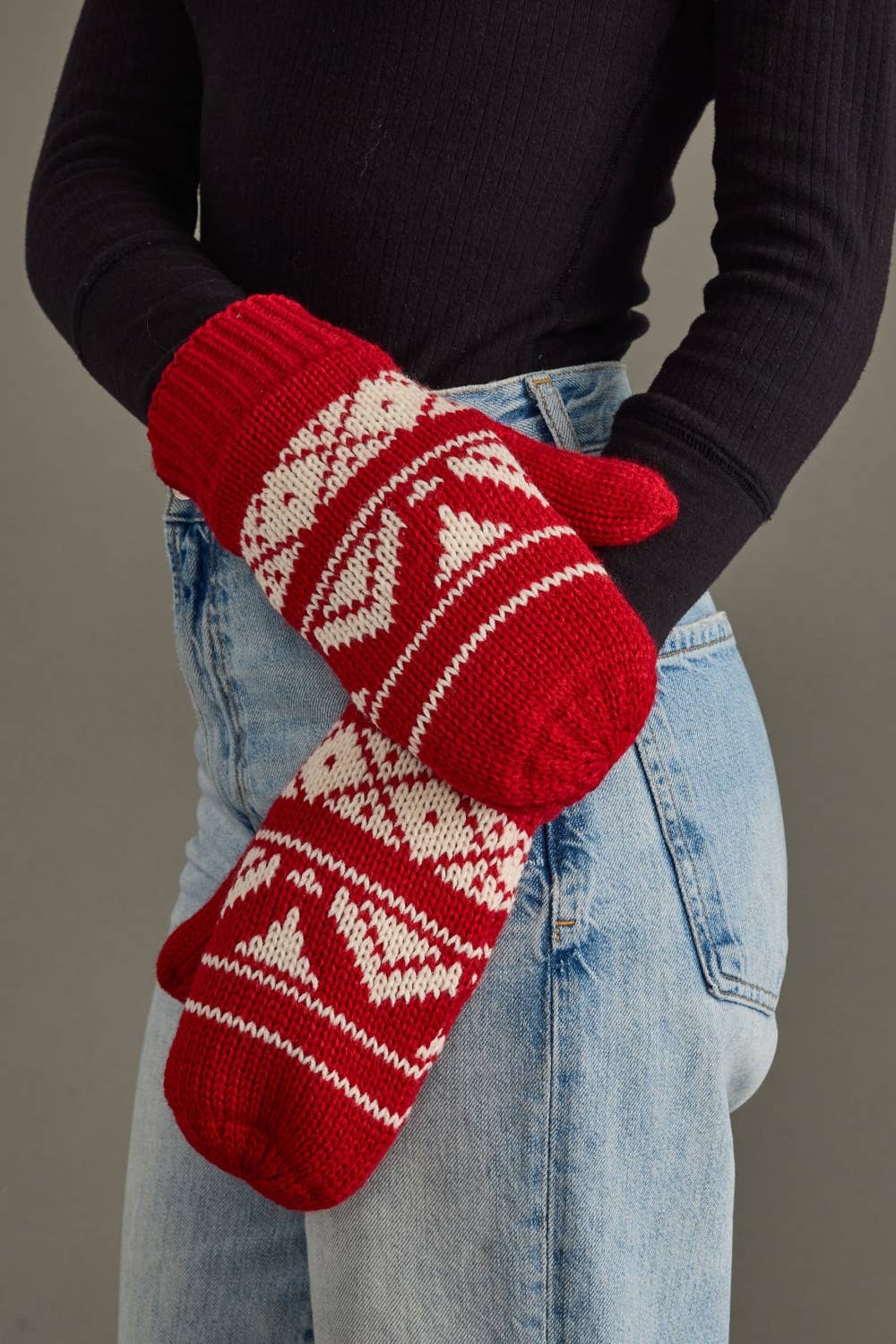 Red & Cream Patterned Mittens