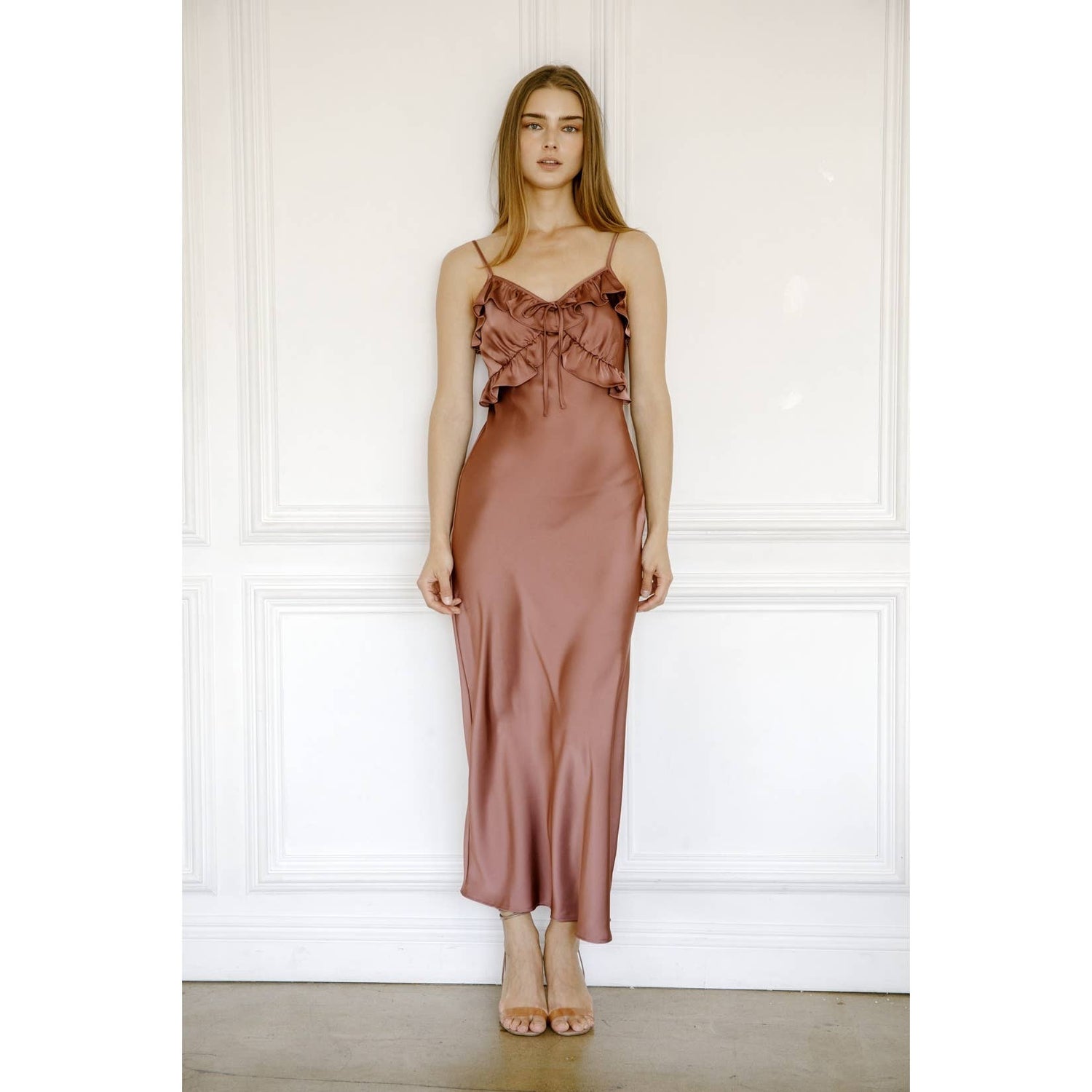 SATIN RUFFLED SLIP MIDI