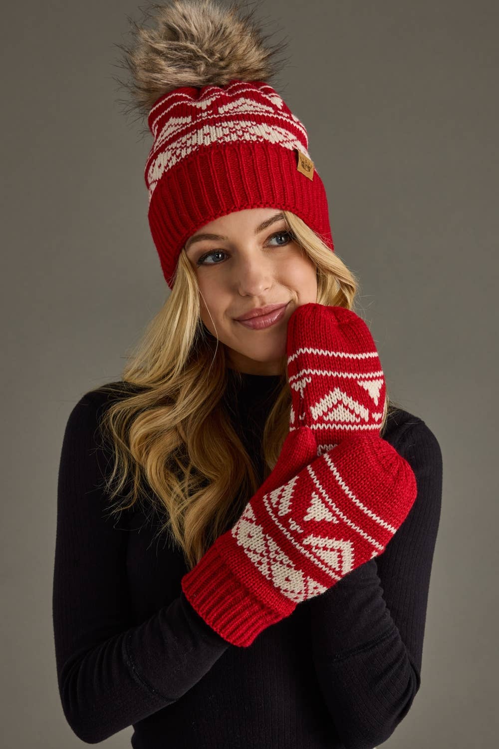 Red & Cream Patterned Mittens