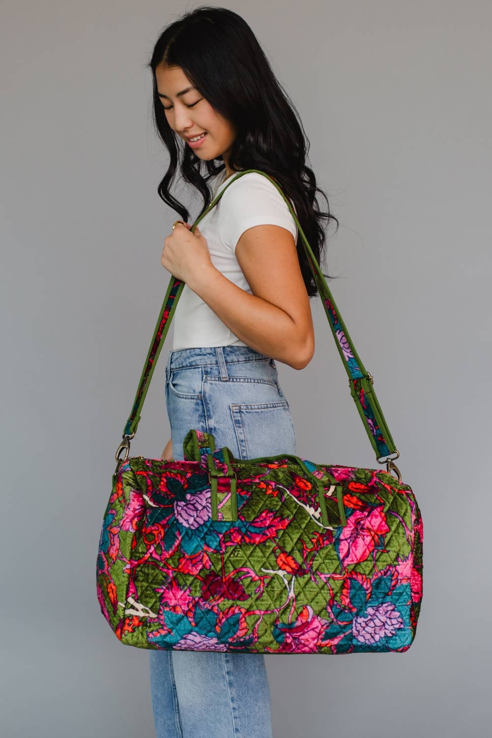 Olive & Multicolored Floral Duffel