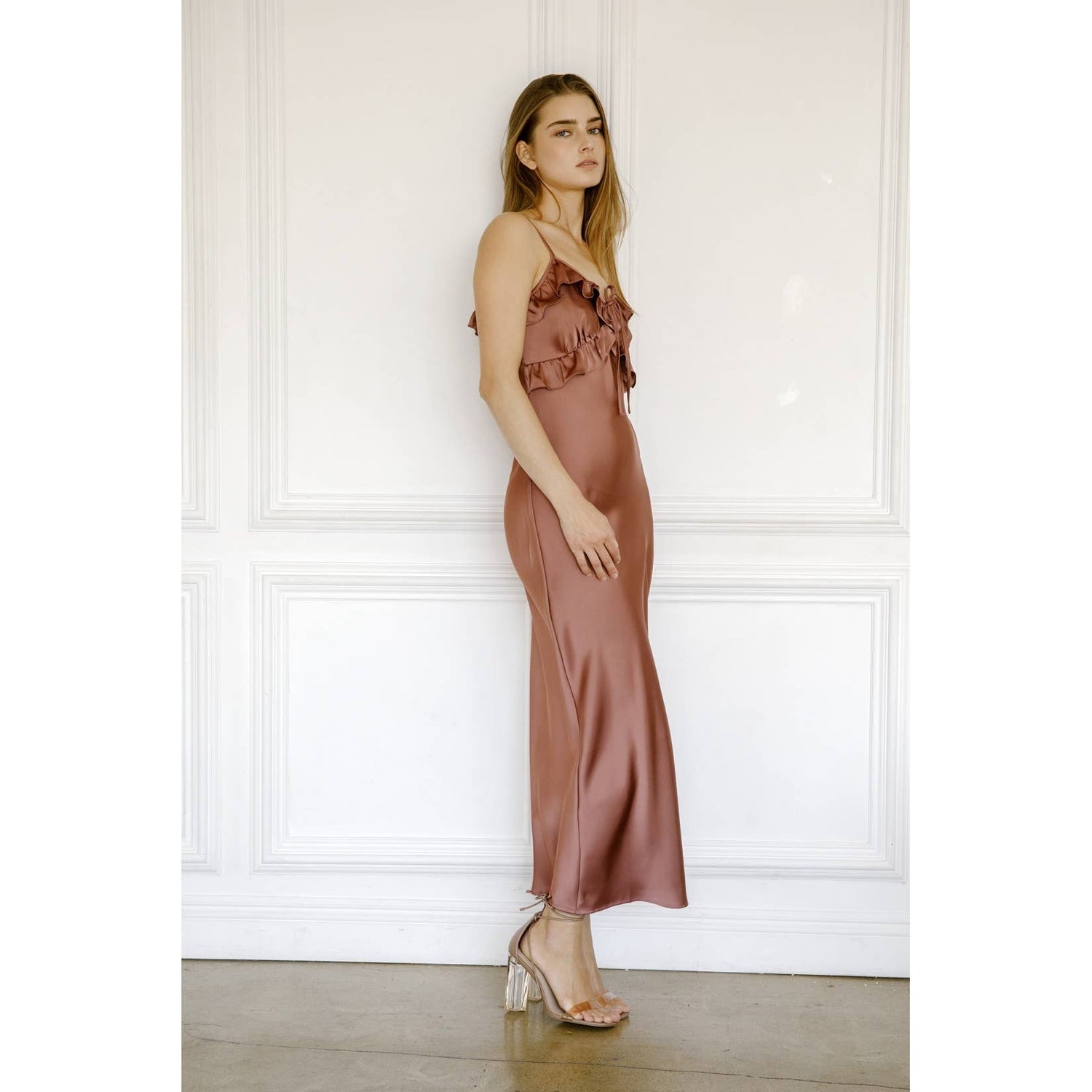 SATIN RUFFLED SLIP MIDI