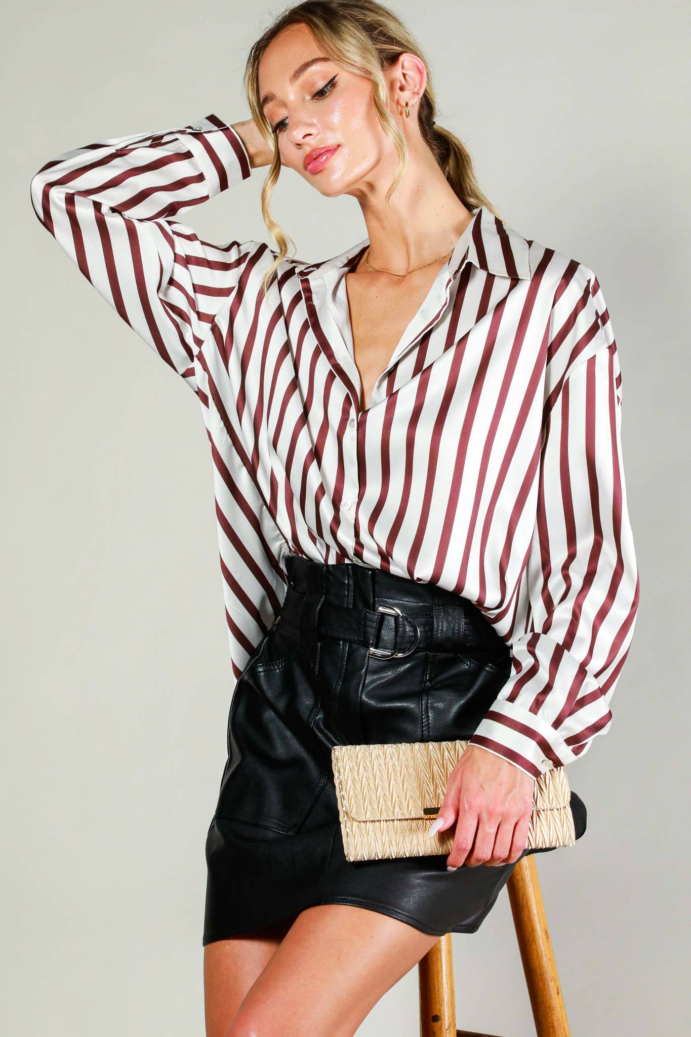 Long sleeve button down striped satin top
